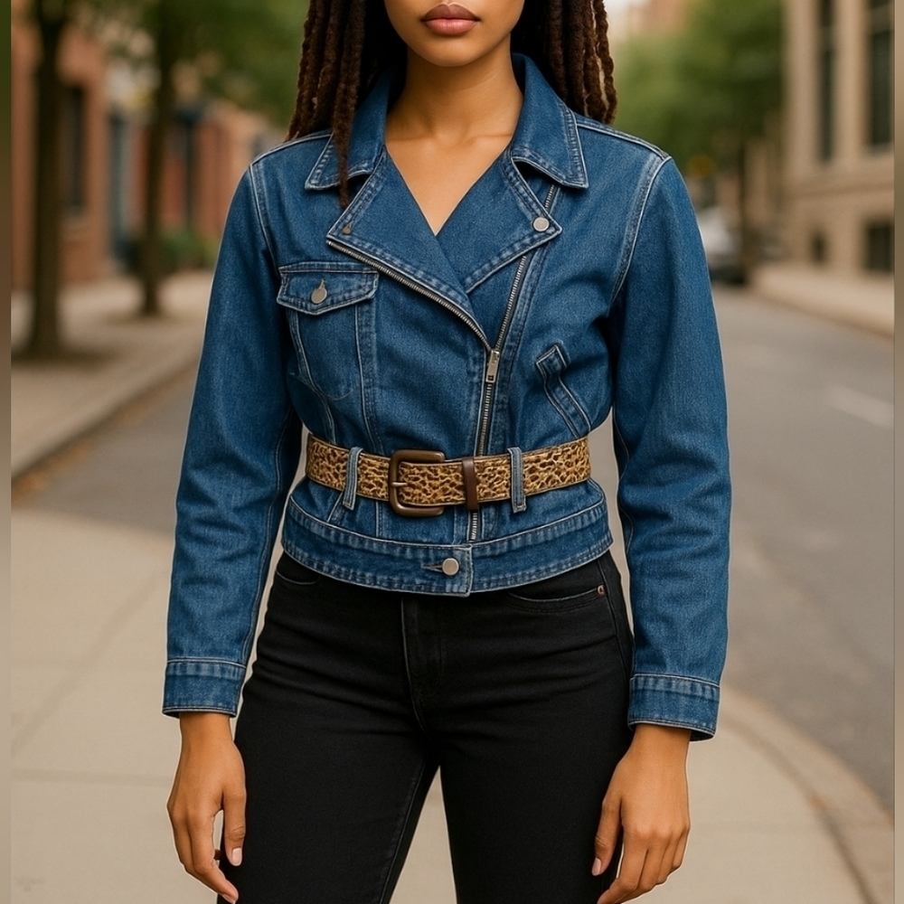 Rampage Vintage 70-80s denim cropped  high shoulder sexy jacket with belt. Large